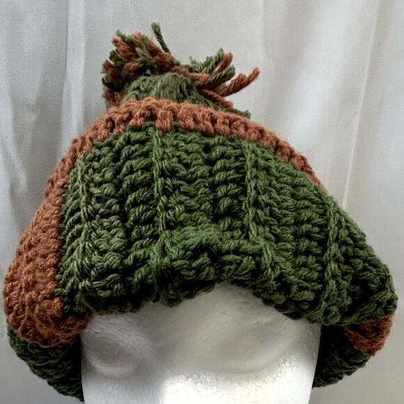 Crochet large green and brown stocking hat cap handmade nwot unisex 13" x 12" - Picture 4 of 8